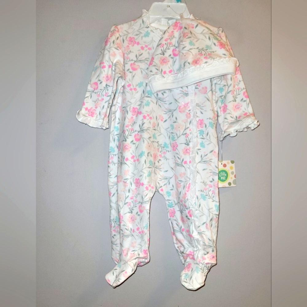 🆕️ Little Me Cotton Floral 2 Pc Ruffled Floral Sleeper & Hat Set